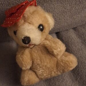 ​VTG 1950s Teddy Bear Plush w/ Red Polka Dot Hat & Felt Tongue | Mid-Century Toy
